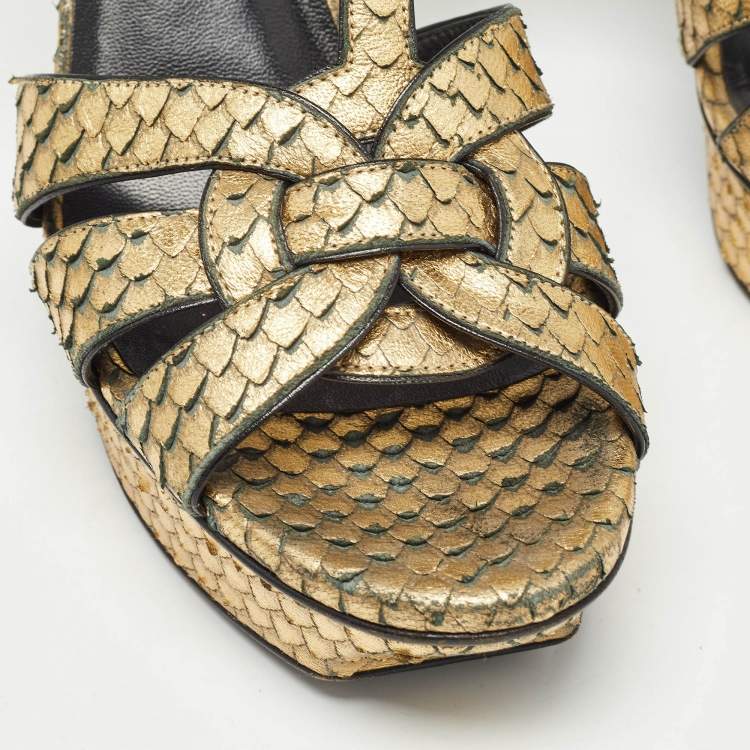 Pre Owned Saint Laurent Metallic Gold Python Embossed Leather Tribute Sandals Size 40