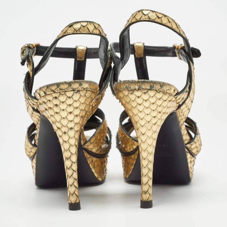 Pre Owned Saint Laurent Metallic Gold Python Embossed Leather Tribute Sandals Size 40