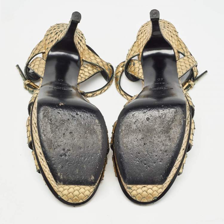 Pre Owned Saint Laurent Metallic Gold Python Embossed Leather Tribute Sandals Size 40