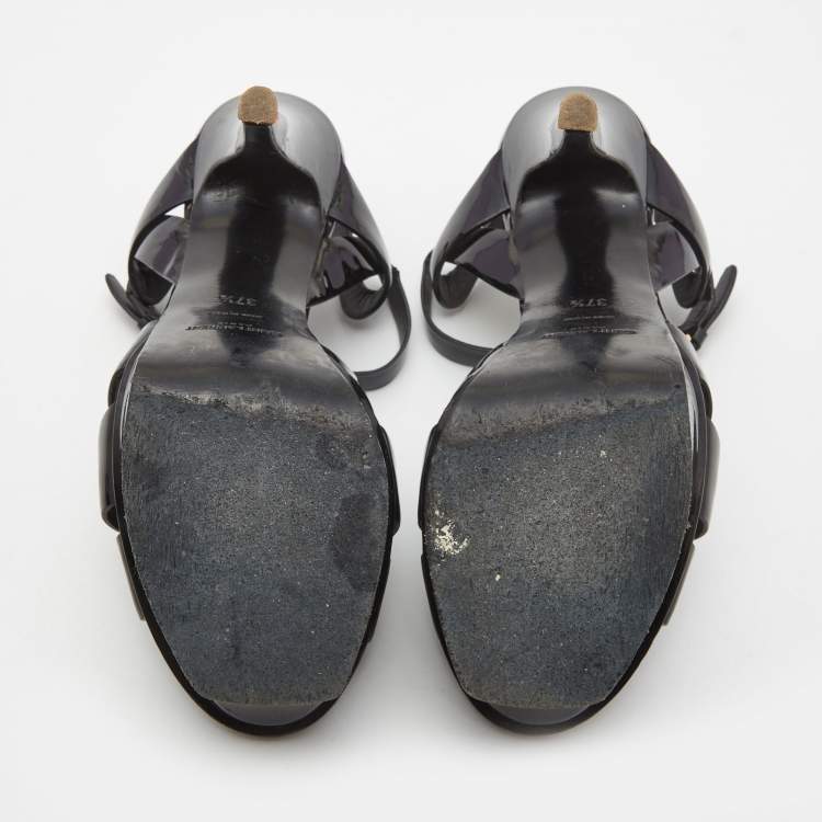Pre Owned Saint Laurent Black Patent Tribute Ankle Sandals Size 37.5 