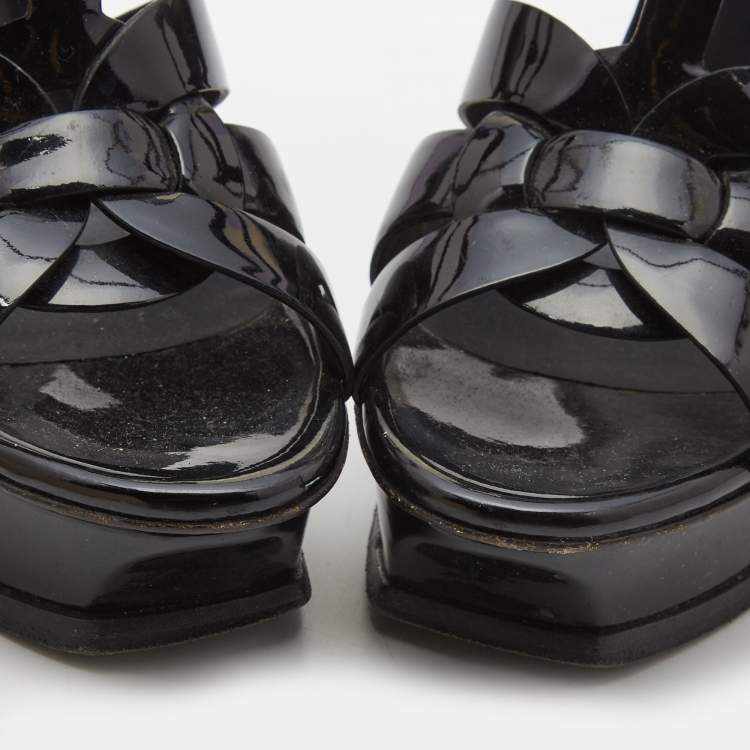 Pre Owned Saint Laurent Black Patent Tribute Ankle Sandals Size 37.5 