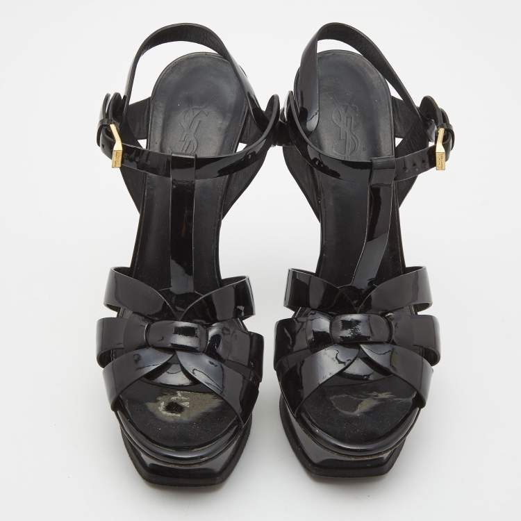 Pre Owned Saint Laurent Black Patent Tribute Ankle Sandals Size 37.5 
