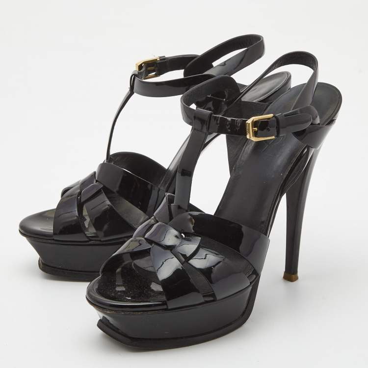 Pre Owned Saint Laurent Black Patent Tribute Ankle Sandals Size 37.5 