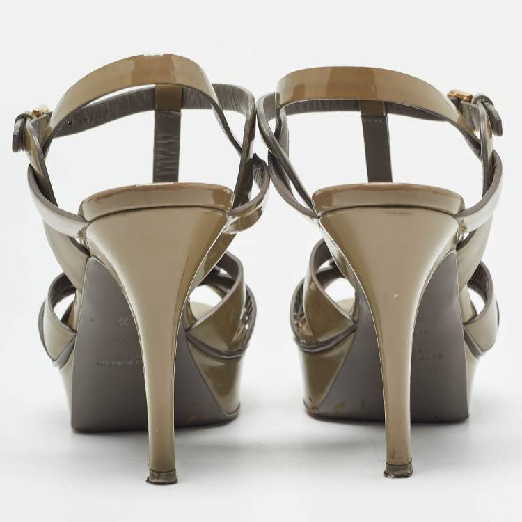Pre Owned Saint Laurent Green Patent Tribute Ankle Strap Sandals Size 37.5