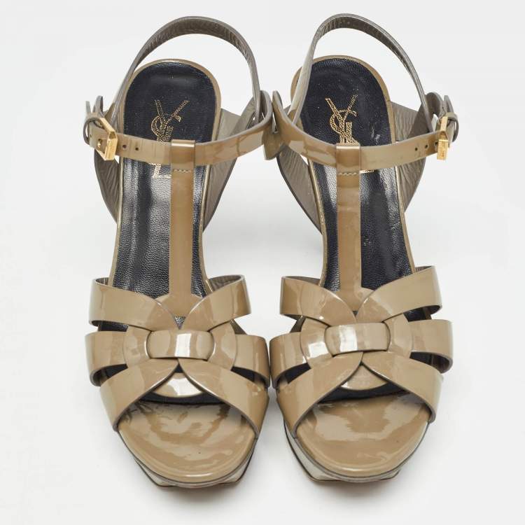 Pre Owned Saint Laurent Green Patent Tribute Ankle Strap Sandals Size 37.5