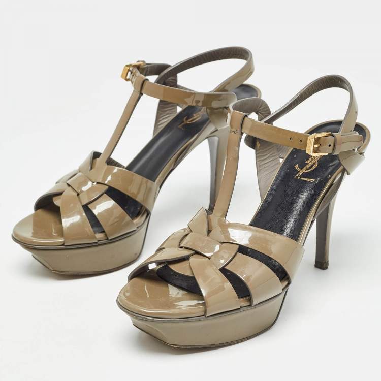 Pre Owned Saint Laurent Green Patent Tribute Ankle Strap Sandals Size 37.5