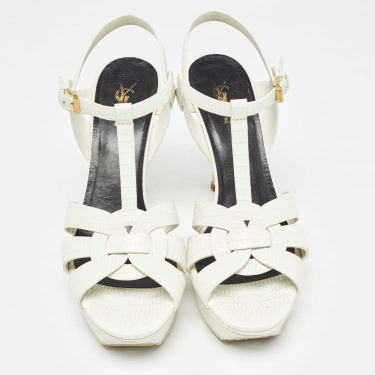 Pre Owned Saint Laurent White Lizard Embossed Leather Tribute Sandals Size 40
