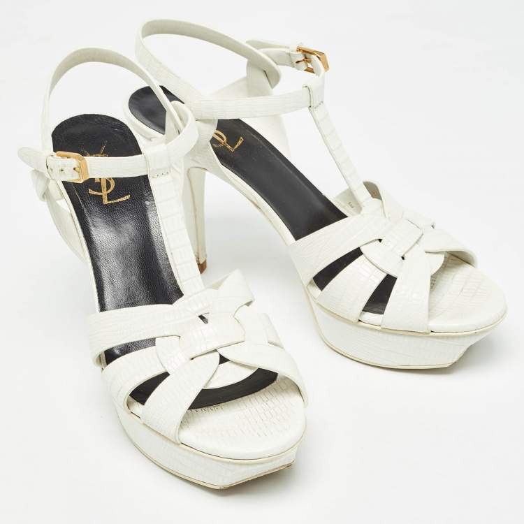 Pre Owned Saint Laurent White Lizard Embossed Leather Tribute Sandals Size 40