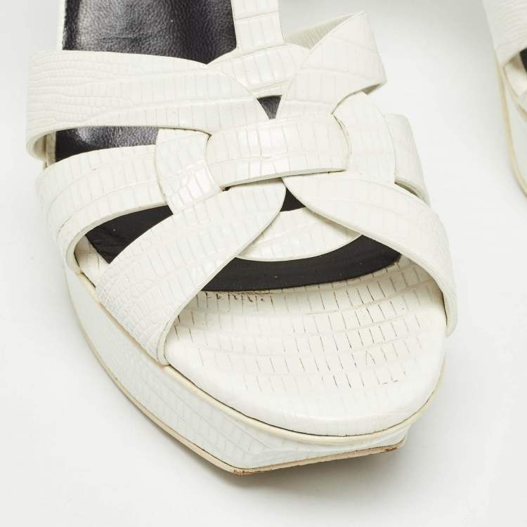 Pre Owned Saint Laurent White Lizard Embossed Leather Tribute Sandals Size 40