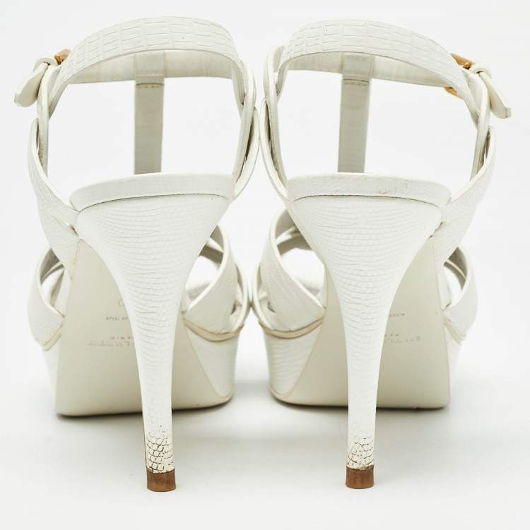 Pre Owned Saint Laurent White Lizard Embossed Leather Tribute Sandals Size 40