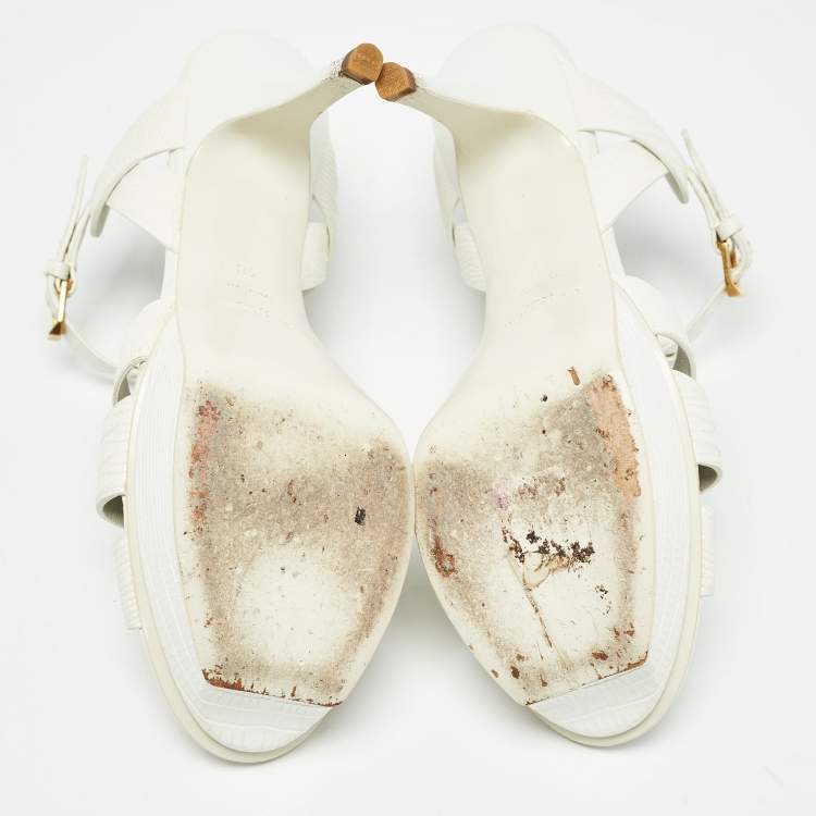 Pre Owned Saint Laurent White Lizard Embossed Leather Tribute Sandals Size 40