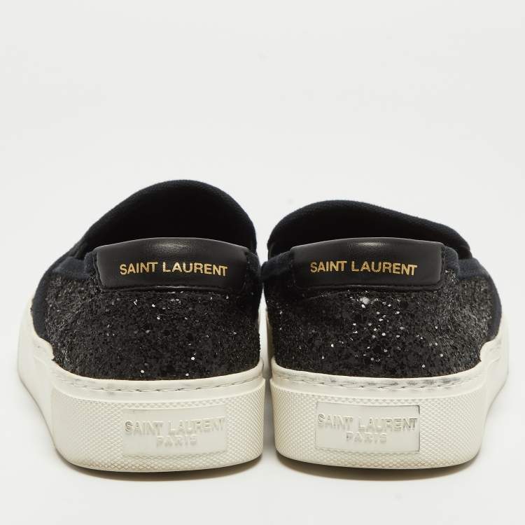 Pre Owned Saint Laurent Black Glitter Slip On Sneakers Size 37.5 