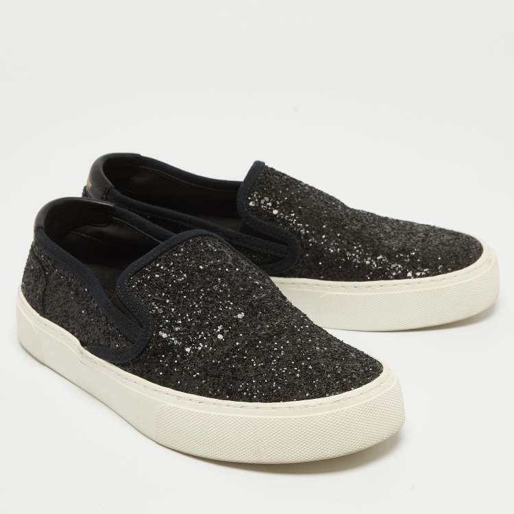Pre Owned Saint Laurent Black Glitter Slip On Sneakers Size 37.5 