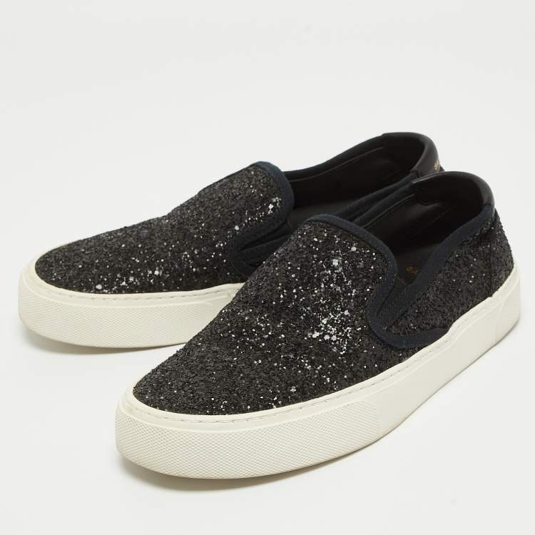 Pre Owned Saint Laurent Black Glitter Slip On Sneakers Size 37.5 