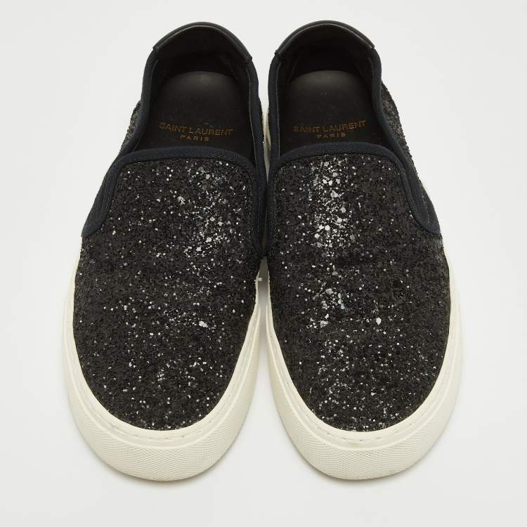 Pre Owned Saint Laurent Black Glitter Slip On Sneakers Size 37.5 