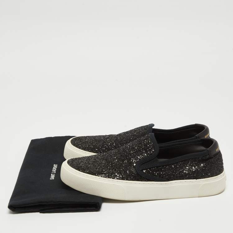 Pre Owned Saint Laurent Black Glitter Slip On Sneakers Size 37.5 