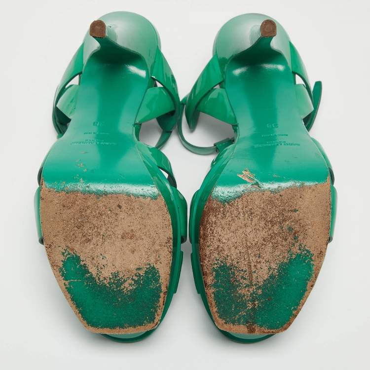 Pre Owned Saint Laurent Green Patent Tribute Ankle Strap Sandals Size 38 