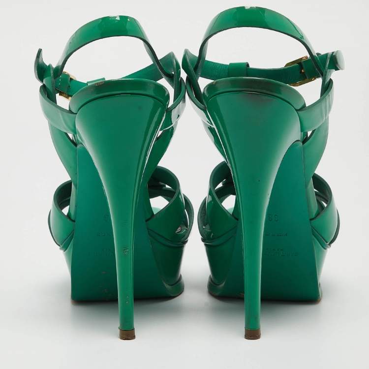 Pre Owned Saint Laurent Green Patent Tribute Ankle Strap Sandals Size 38 