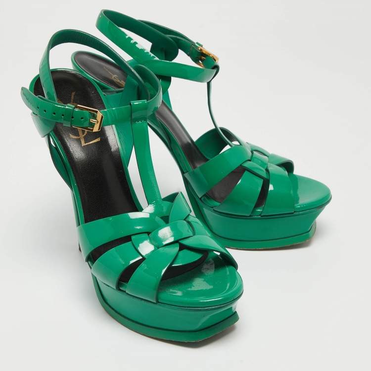 Pre Owned Saint Laurent Green Patent Tribute Ankle Strap Sandals Size 38 