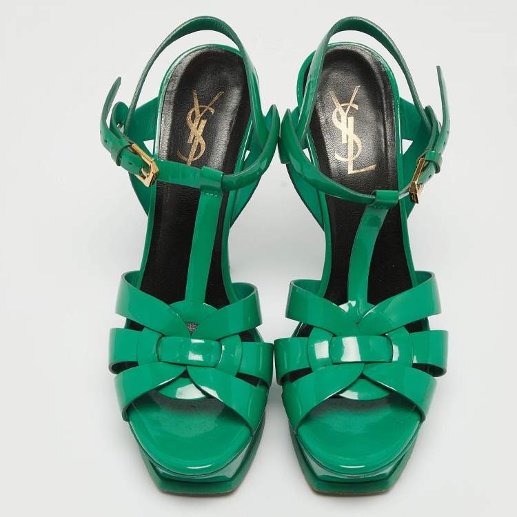 Pre Owned Saint Laurent Green Patent Tribute Ankle Strap Sandals Size 38 