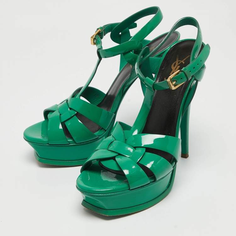 Pre Owned Saint Laurent Green Patent Tribute Ankle Strap Sandals Size 38 
