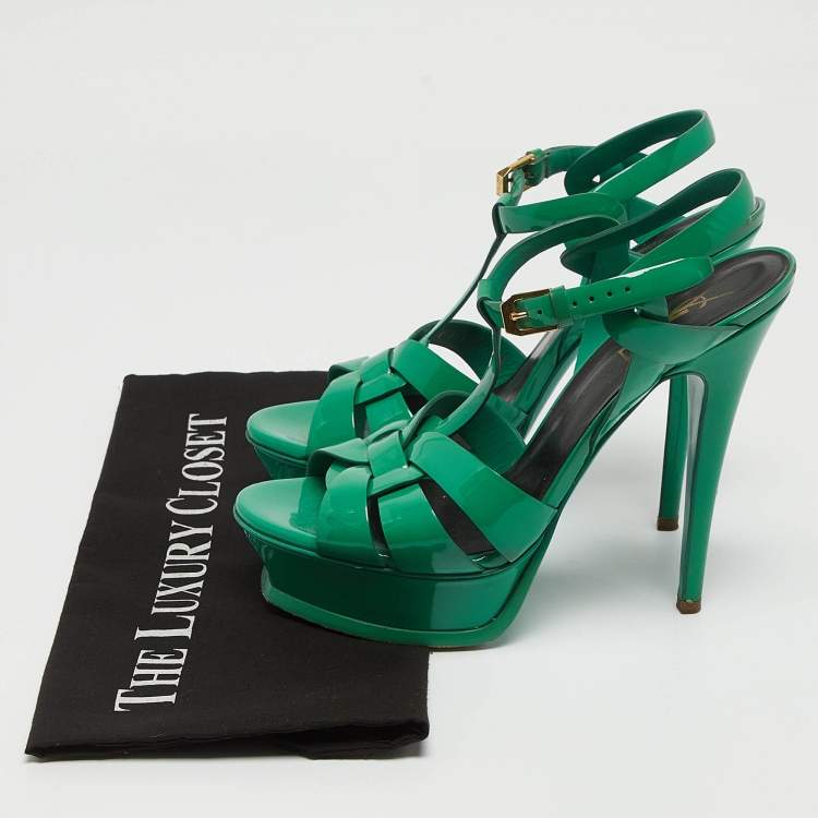 Pre Owned Saint Laurent Green Patent Tribute Ankle Strap Sandals Size 38 