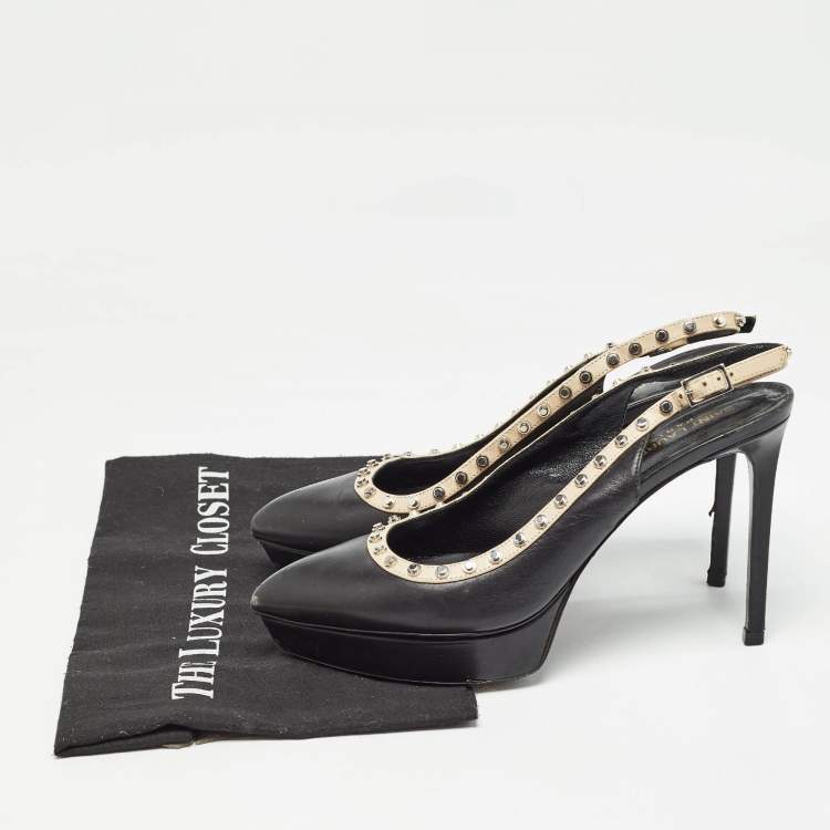 Pre Owned Saint Laurent Paris Black Leather Studded Platform Pointed Toe Slingback Pumps Size 38.5