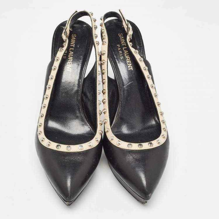 Pre Owned Saint Laurent Paris Black Leather Studded Platform Pointed Toe Slingback Pumps Size 38.5