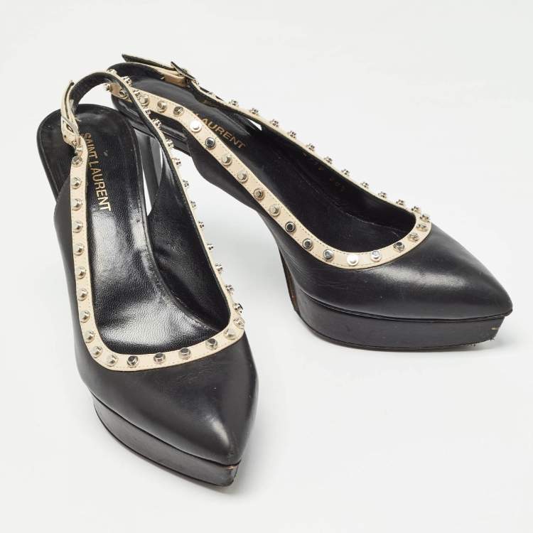Pre Owned Saint Laurent Paris Black Leather Studded Platform Pointed Toe Slingback Pumps Size 38.5