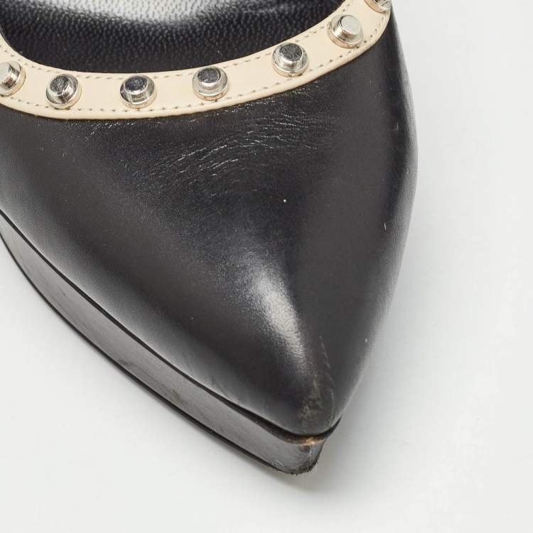 Pre Owned Saint Laurent Paris Black Leather Studded Platform Pointed Toe Slingback Pumps Size 38.5