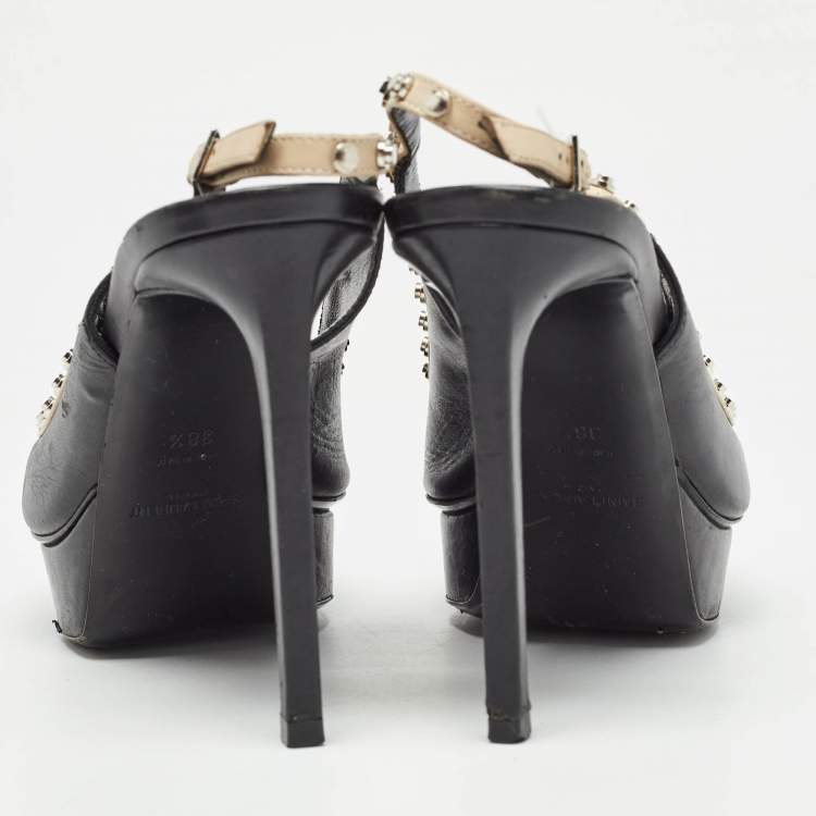 Pre Owned Saint Laurent Paris Black Leather Studded Platform Pointed Toe Slingback Pumps Size 38.5