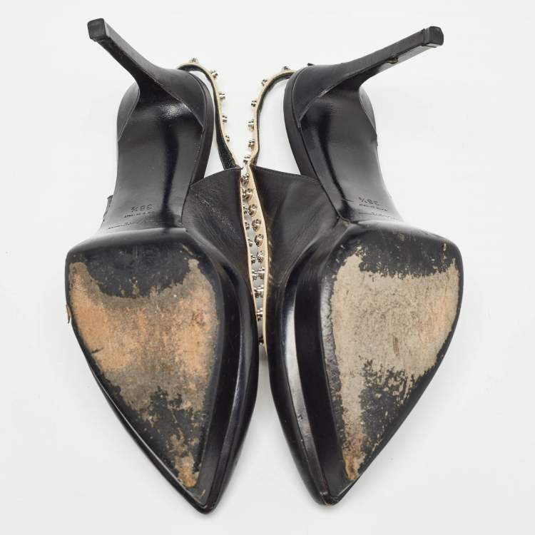 Pre Owned Saint Laurent Paris Black Leather Studded Platform Pointed Toe Slingback Pumps Size 38.5