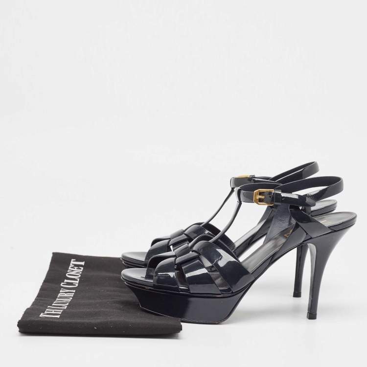 Pre Owned Saint Laurent Navy Blue Patent Tribute Sandals Size 38