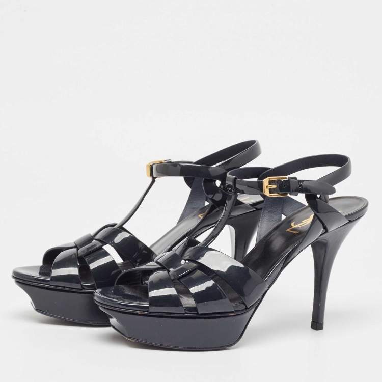 Pre Owned Saint Laurent Navy Blue Patent Tribute Sandals Size 38