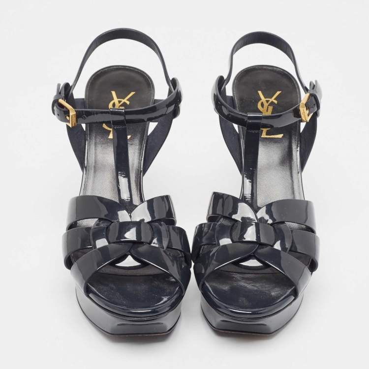 Pre Owned Saint Laurent Navy Blue Patent Tribute Sandals Size 38