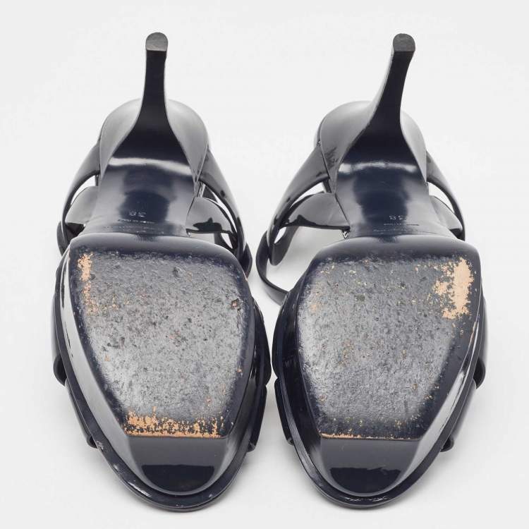 Pre Owned Saint Laurent Navy Blue Patent Tribute Sandals Size 38