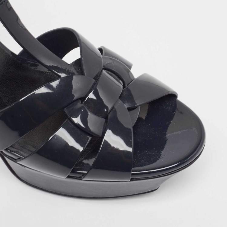 Pre Owned Saint Laurent Navy Blue Patent Tribute Sandals Size 38