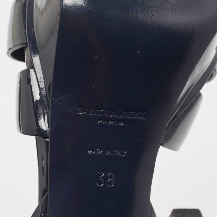 Pre Owned Saint Laurent Navy Blue Patent Tribute Sandals Size 38