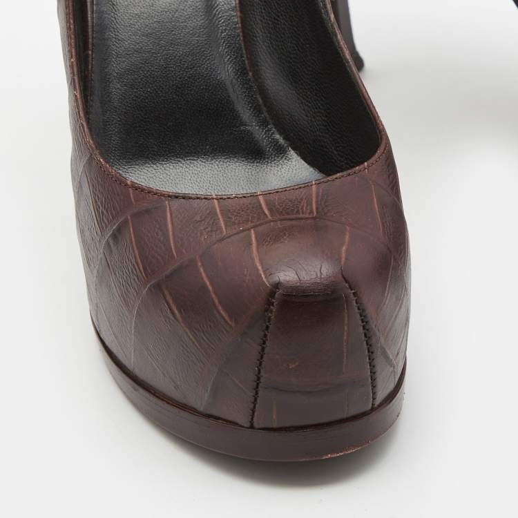 Pre Owned Saint Laurent Paris Brown Croc Embossed Leather Tribtoo Platform Pumps Size 37