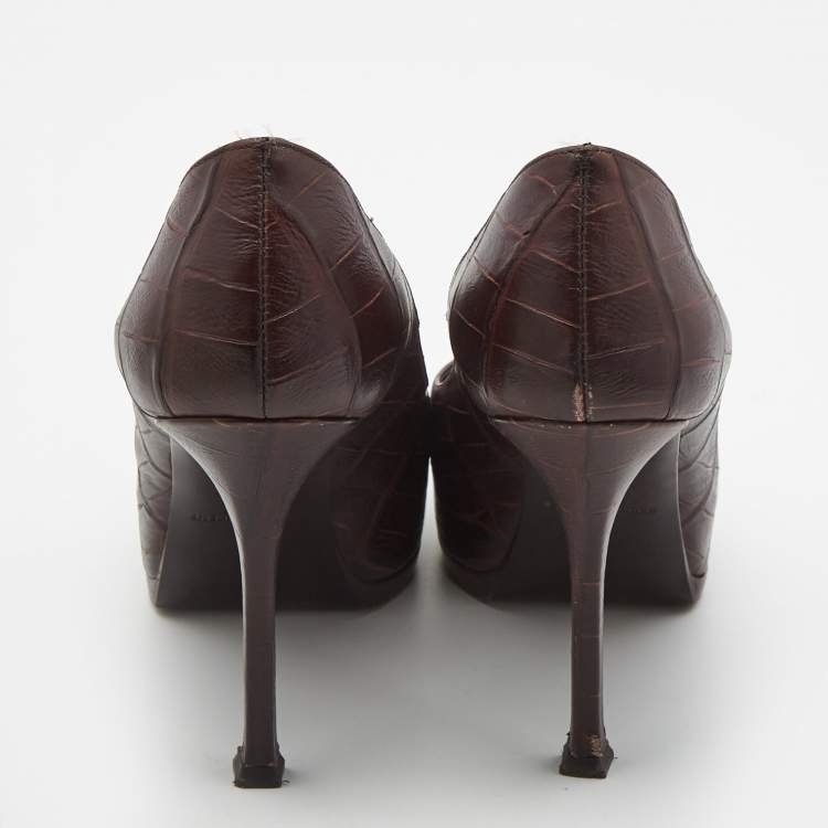 Pre Owned Saint Laurent Paris Brown Croc Embossed Leather Tribtoo Platform Pumps Size 37
