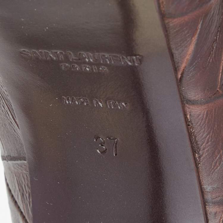 Pre Owned Saint Laurent Paris Brown Croc Embossed Leather Tribtoo Platform Pumps Size 37