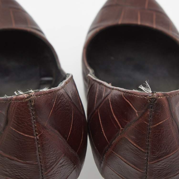 Pre Owned Saint Laurent Paris Brown Croc Embossed Leather Tribtoo Platform Pumps Size 37