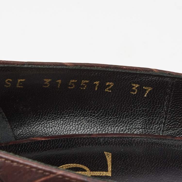 Pre Owned Saint Laurent Paris Brown Croc Embossed Leather Tribtoo Platform Pumps Size 37