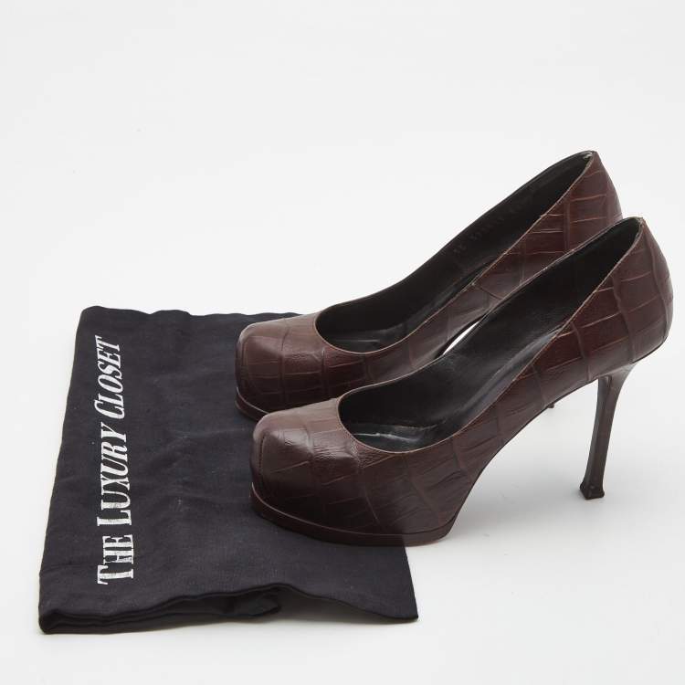 Pre Owned Saint Laurent Paris Brown Croc Embossed Leather Tribtoo Platform Pumps Size 37