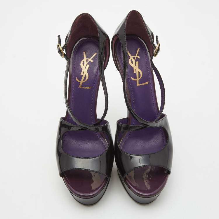 Pre Owned Saint Laurent Black Patent Leather Platform Ankle Strap Sandals Size 36
