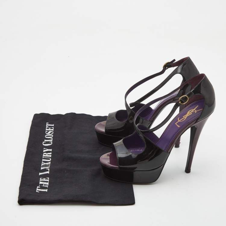 Pre Owned Saint Laurent Black Patent Leather Platform Ankle Strap Sandals Size 36