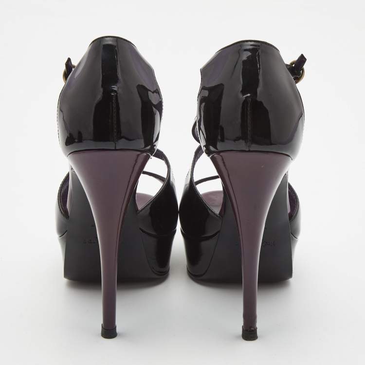 Pre Owned Saint Laurent Black Patent Leather Platform Ankle Strap Sandals Size 36
