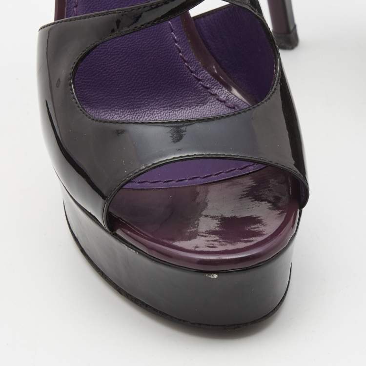 Pre Owned Saint Laurent Black Patent Leather Platform Ankle Strap Sandals Size 36