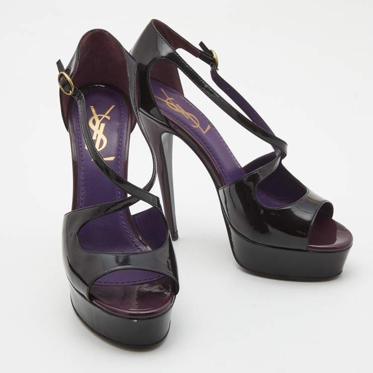 Pre Owned Saint Laurent Black Patent Leather Platform Ankle Strap Sandals Size 36