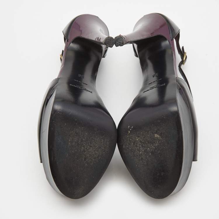 Pre Owned Saint Laurent Black Patent Leather Platform Ankle Strap Sandals Size 36
